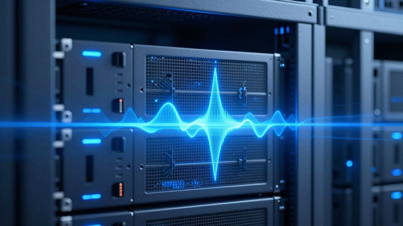 LiveKit server rack with glowing blue lights and waveforms.