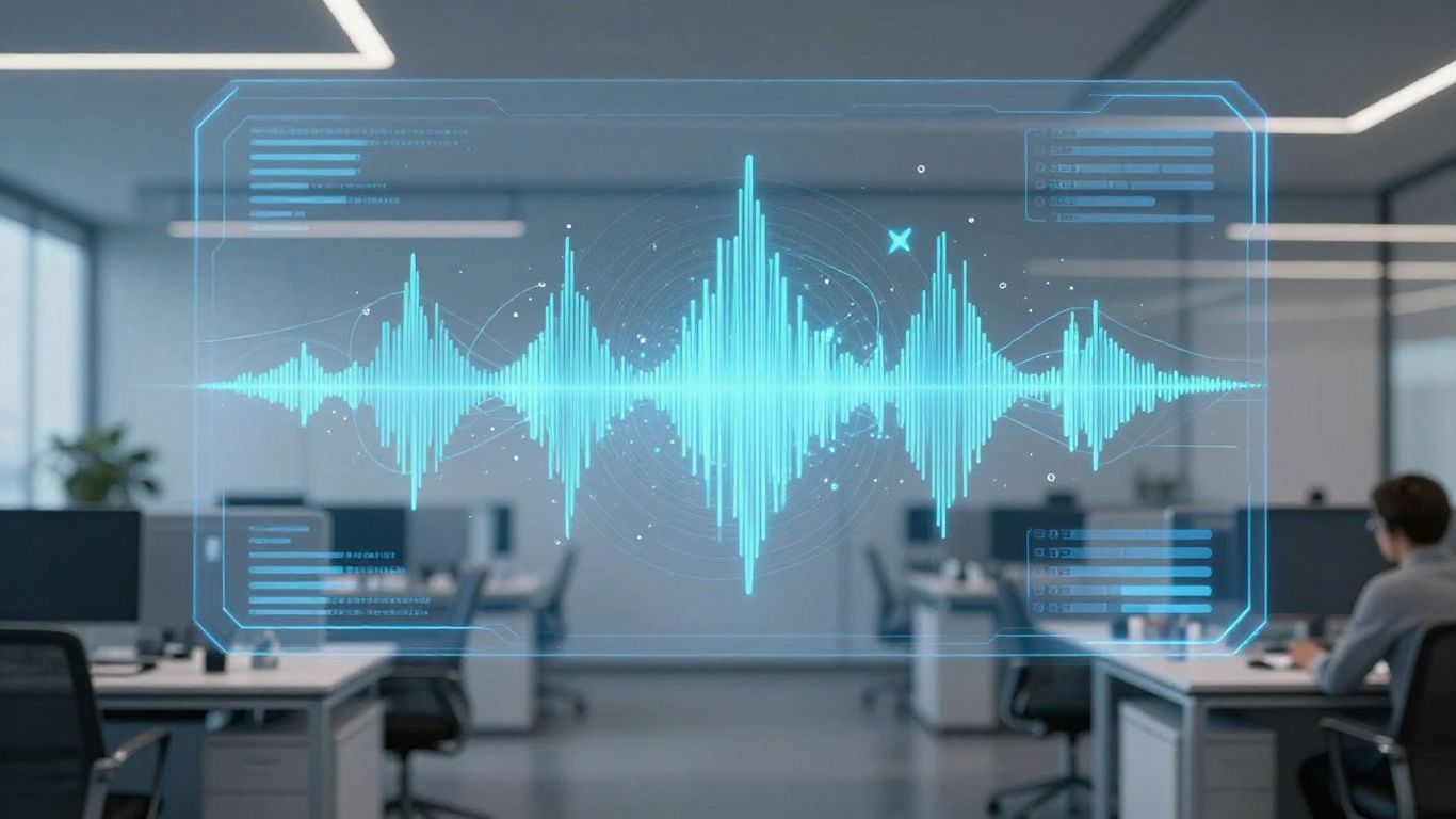 Futuristic AI voice agent interface in a modern office.