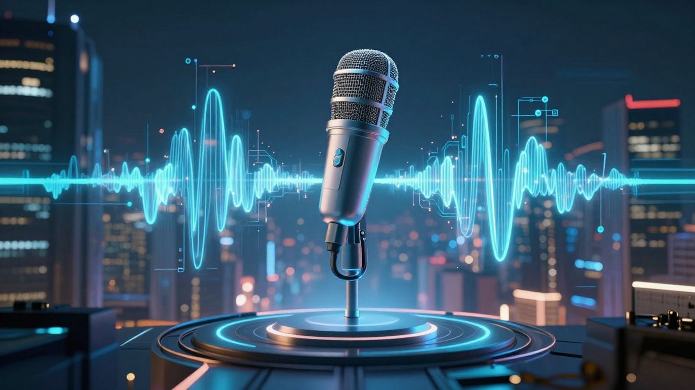 Futuristic cityscape with soundwaves and voice AI elements.
