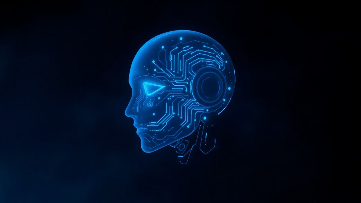 Futuristic AI chatbot head with glowing blue circuits.