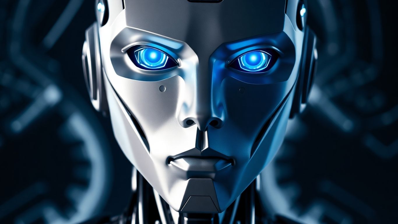 Meta AI robot head with glowing blue eyes.