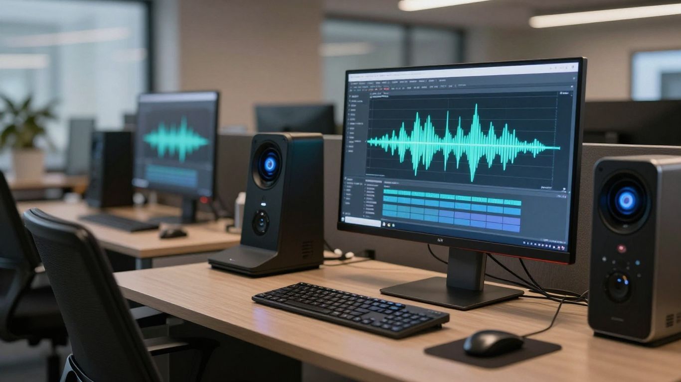 AI voice generation software interface with audio waveforms.