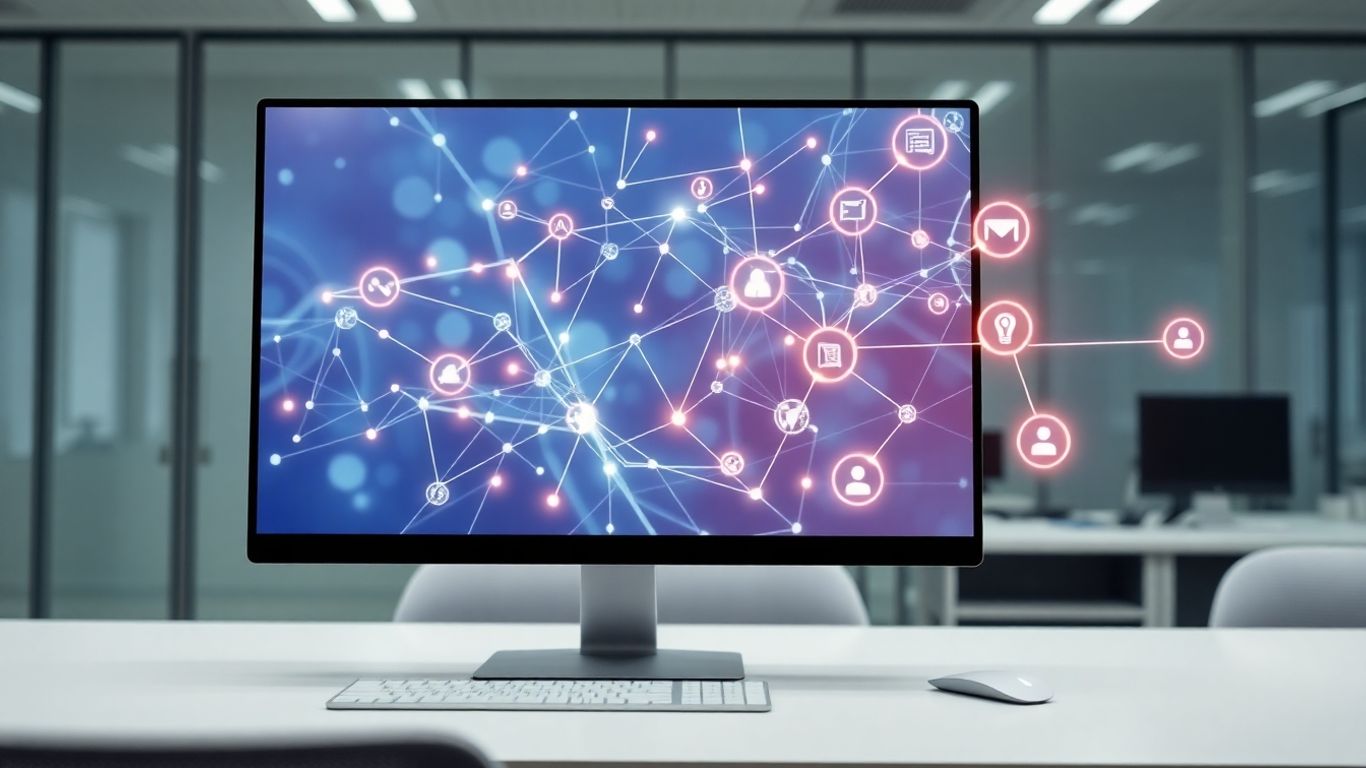 Digital patterns and connecting lines on a computer screen.