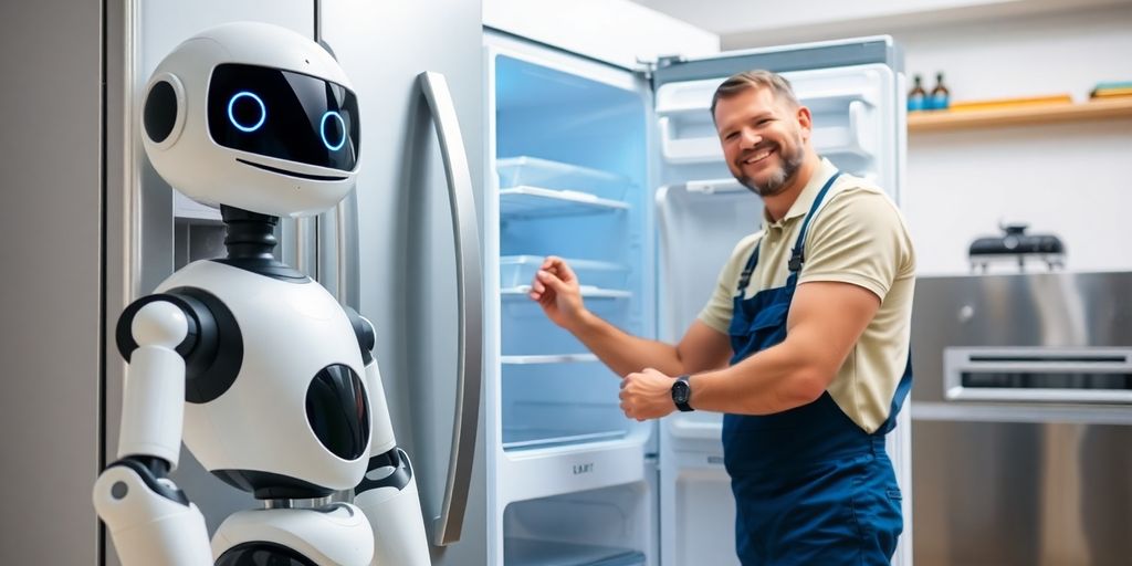 Technician fixing refrigerator with AI robot assistant