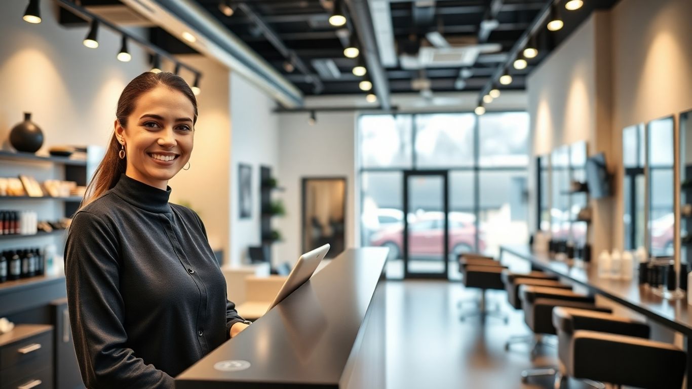 Hair salon receptionist assisting a client