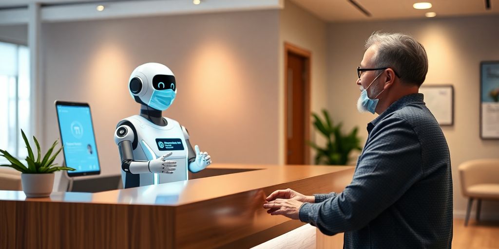 AI chatbot assisting patient at hearing center reception.