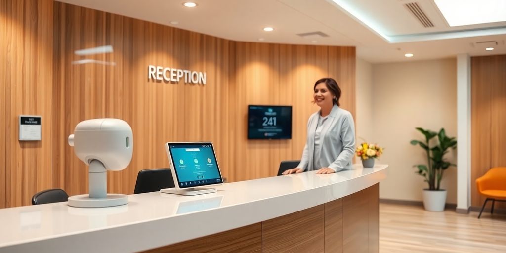 Modern hearing center reception with AI assistance.