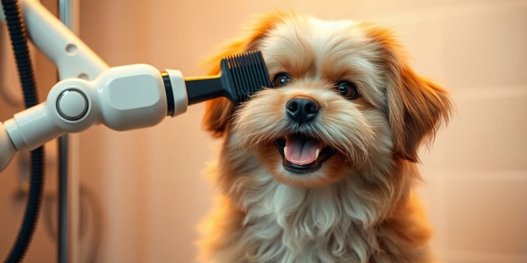 Happy dog receiving grooming service.