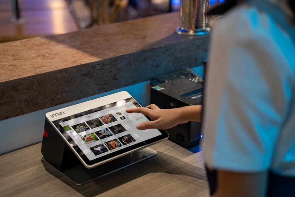 A sleek image depicting a restaurant staff member using an AI system to manage reservations, showcasing digital screens displaying customer interactions and confirmations.