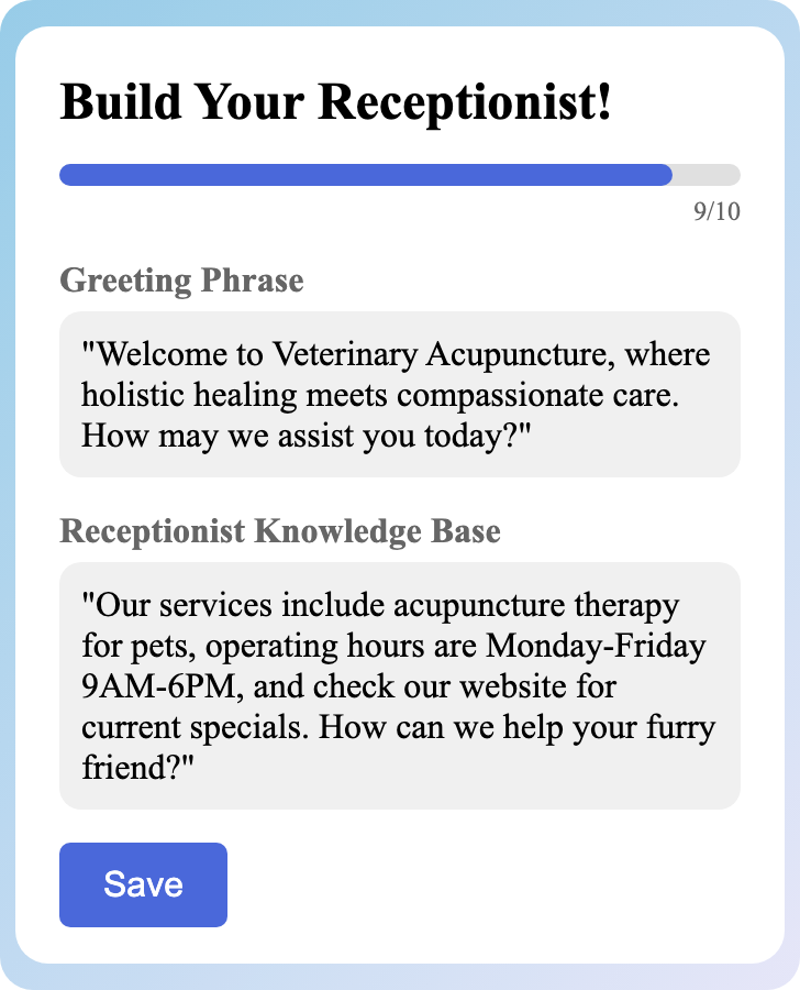 Sample receptionist setup for Veterinary Acupuncture