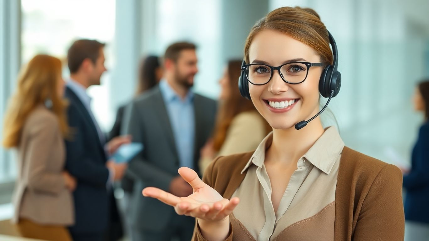 Professional woman with headset assisting business people.