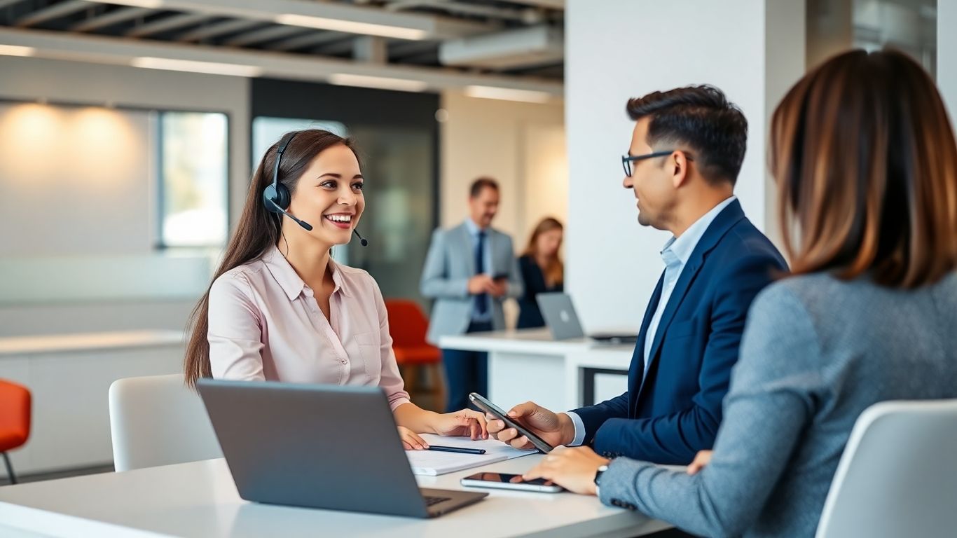 Receptionist on headset in a modern busy office