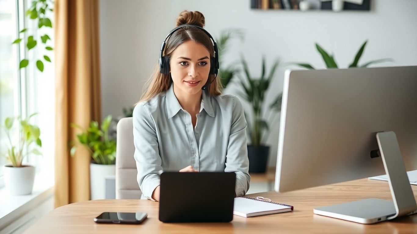 Virtual receptionist with headset working at tidy home office desk