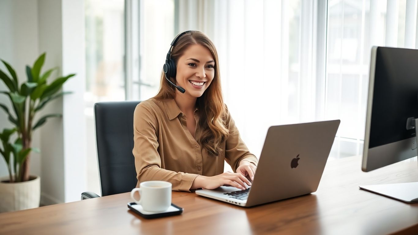 Smiling woman with headset working at home office desk