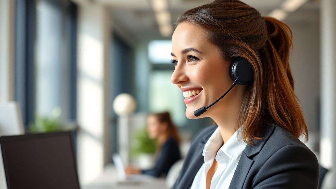 Professional woman wearing a headset, smiling.