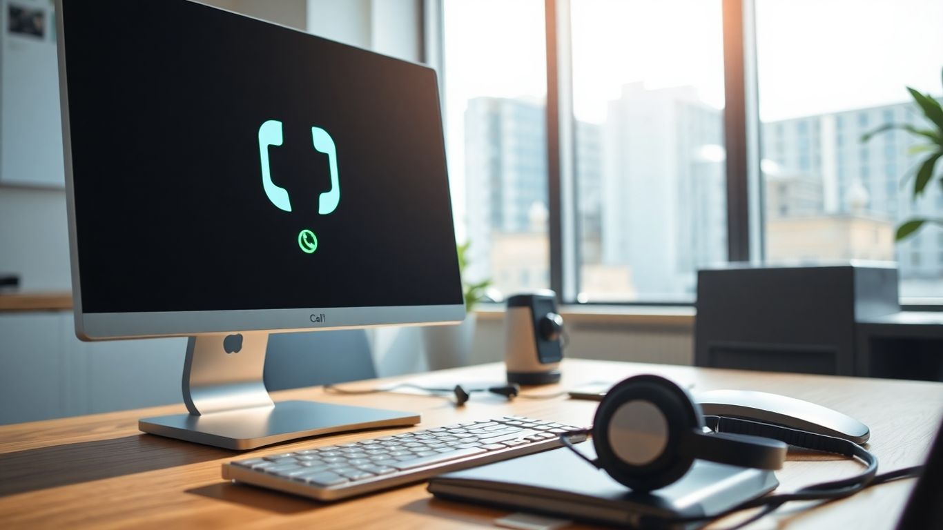 Reception desk with computer, headset, and bright office window.