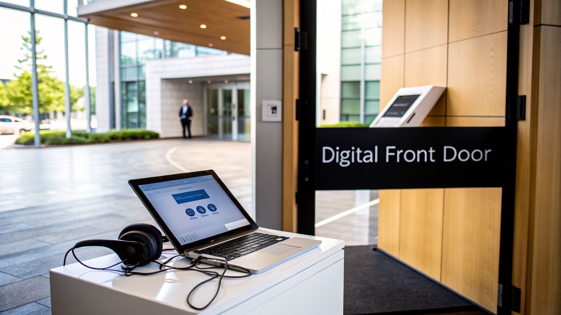 A laptop and headphones on a stand, with a 'Digital Front Door' sign in a modern lobby.