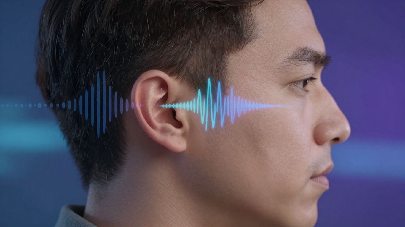 Sound waves flowing from a person's ear, indicating voice data.