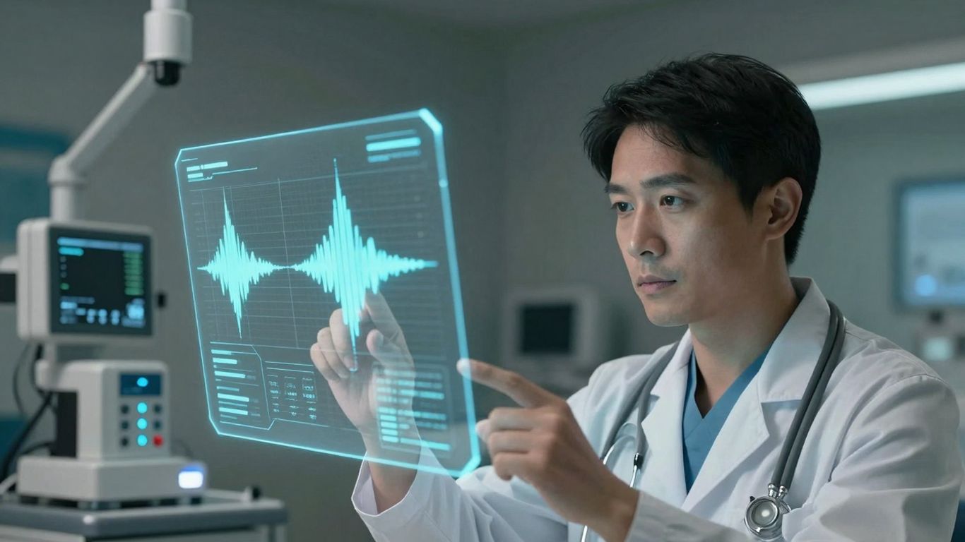Doctor using voice AI interface in a hospital.