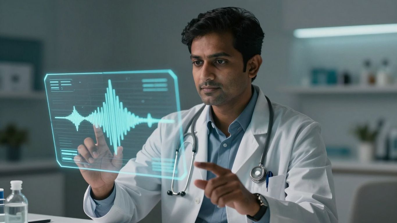 Doctor using voice AI interface in a healthcare setting.