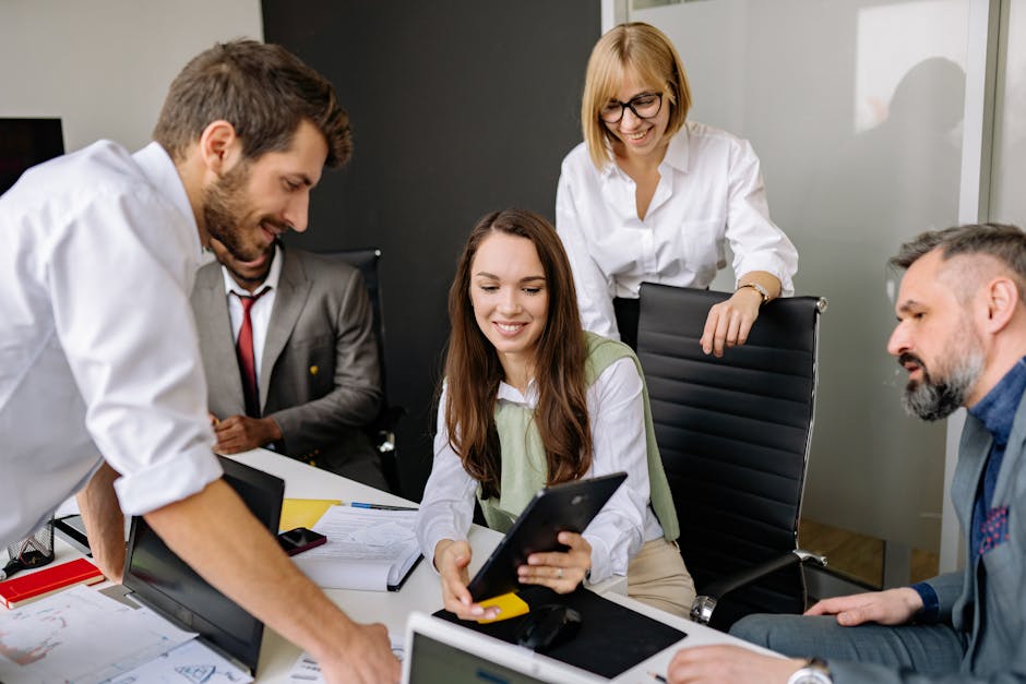 A vibrant workspace showing a team collaborating around a digital dashboard with statistics on voice over IP campaigns, blending technology with human interaction.