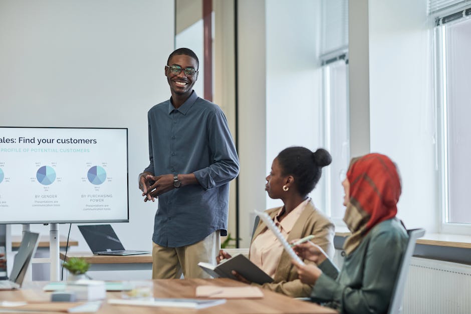 A dynamic office environment where employees use VoIP services to communicate, enhanced with visual AI elements showcasing analytics and data flow.