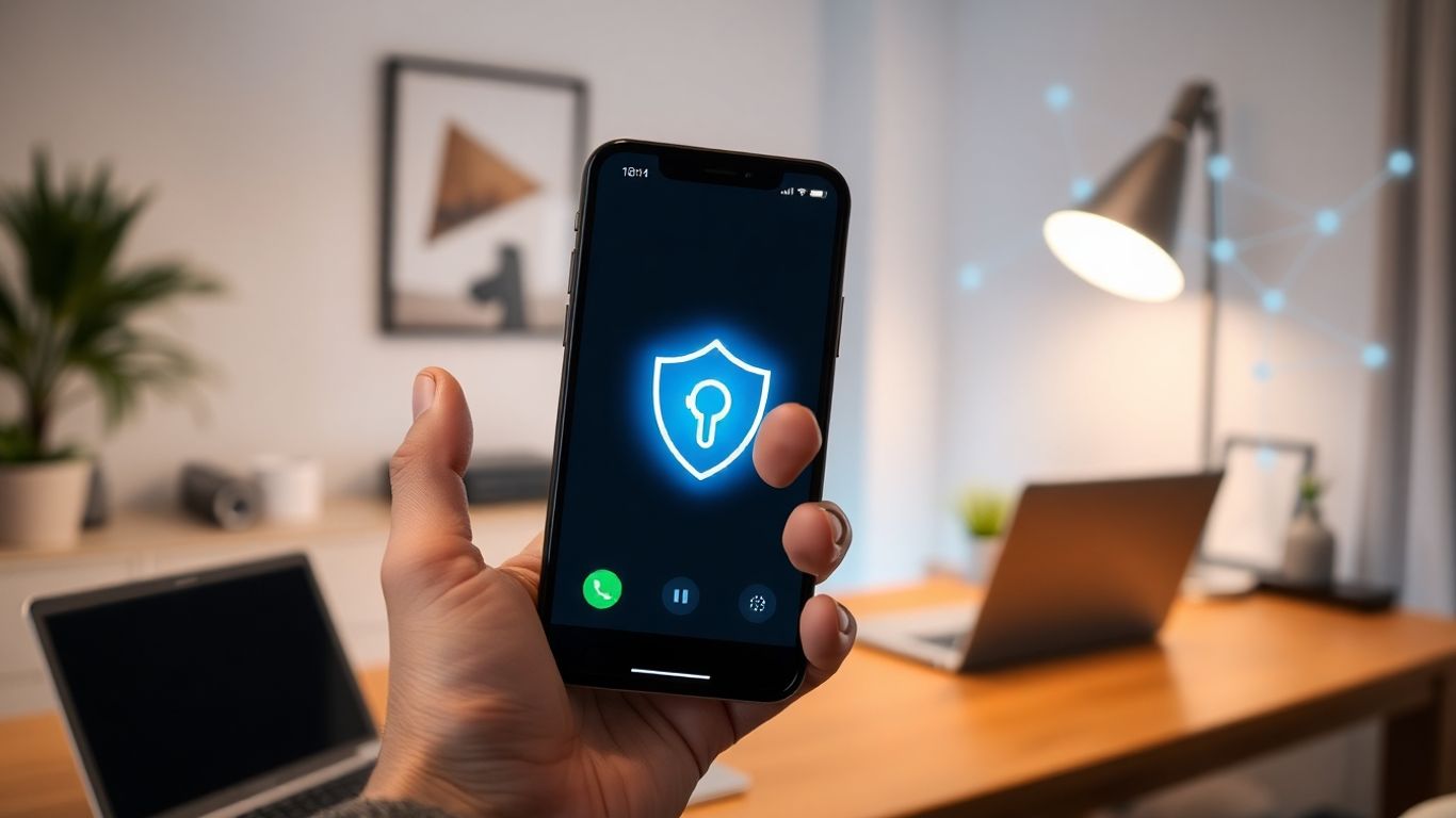 Smartphone with shield icon in a secure home office
