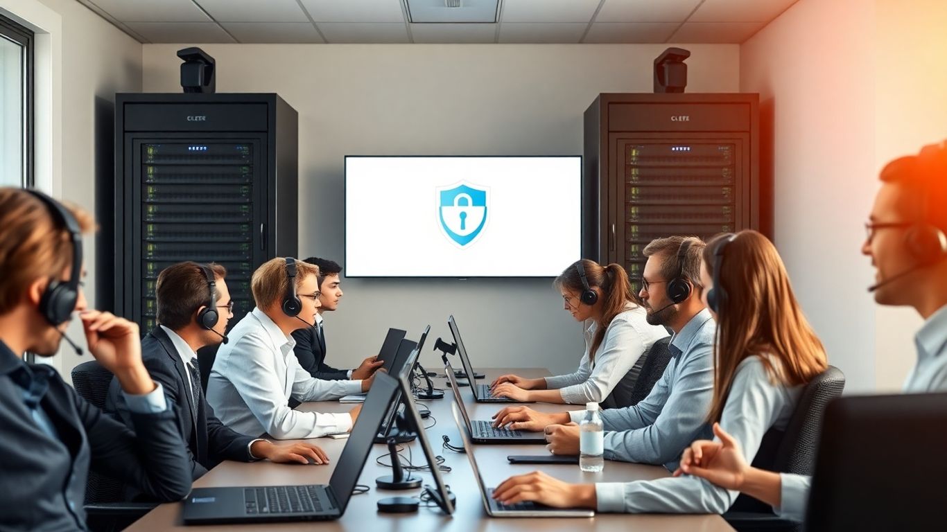 Office workers using VoIP phones and secure server equipment