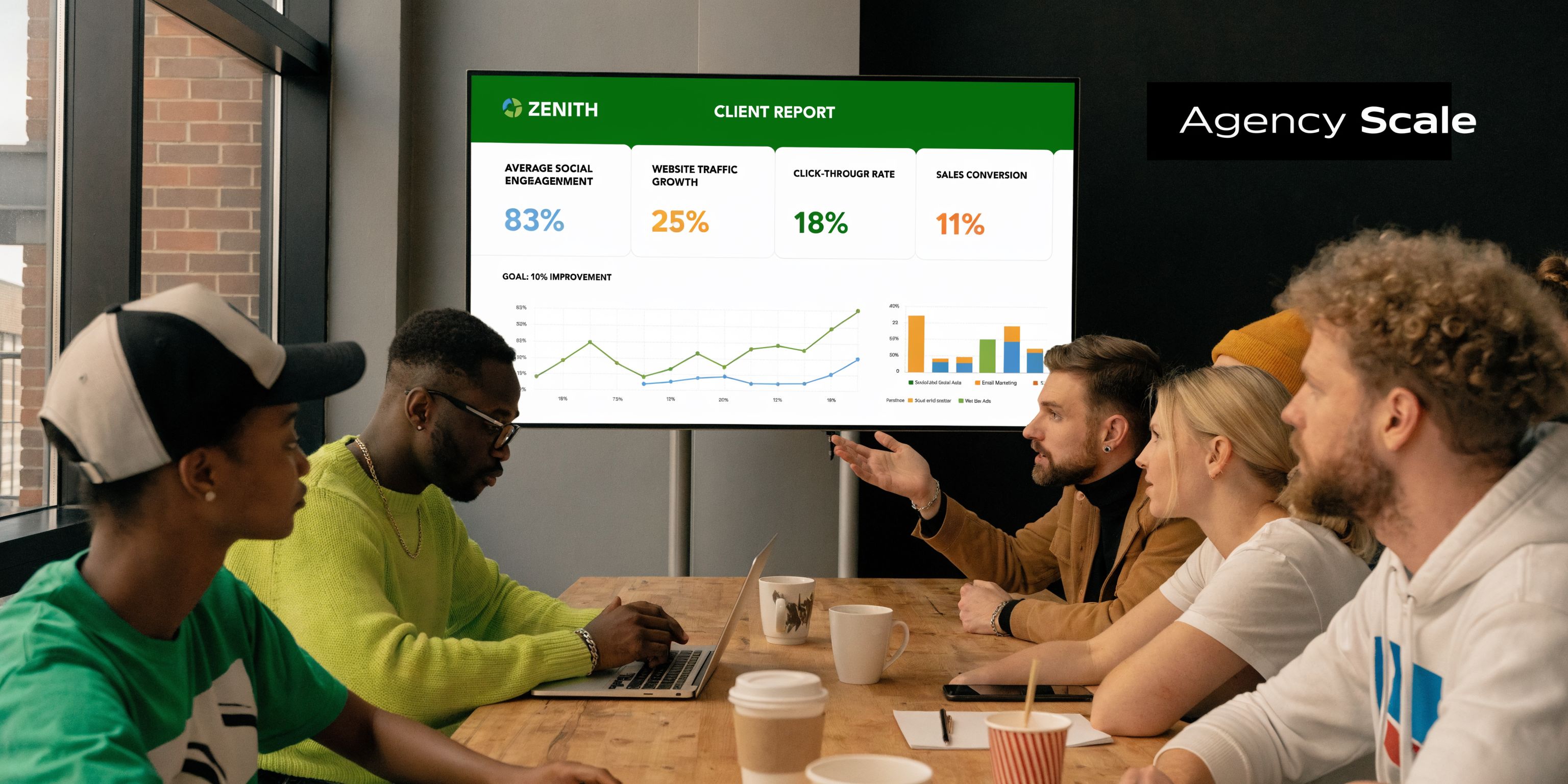 A diverse team collaborating during a business meeting while reviewing performance metrics on a digital display screen.