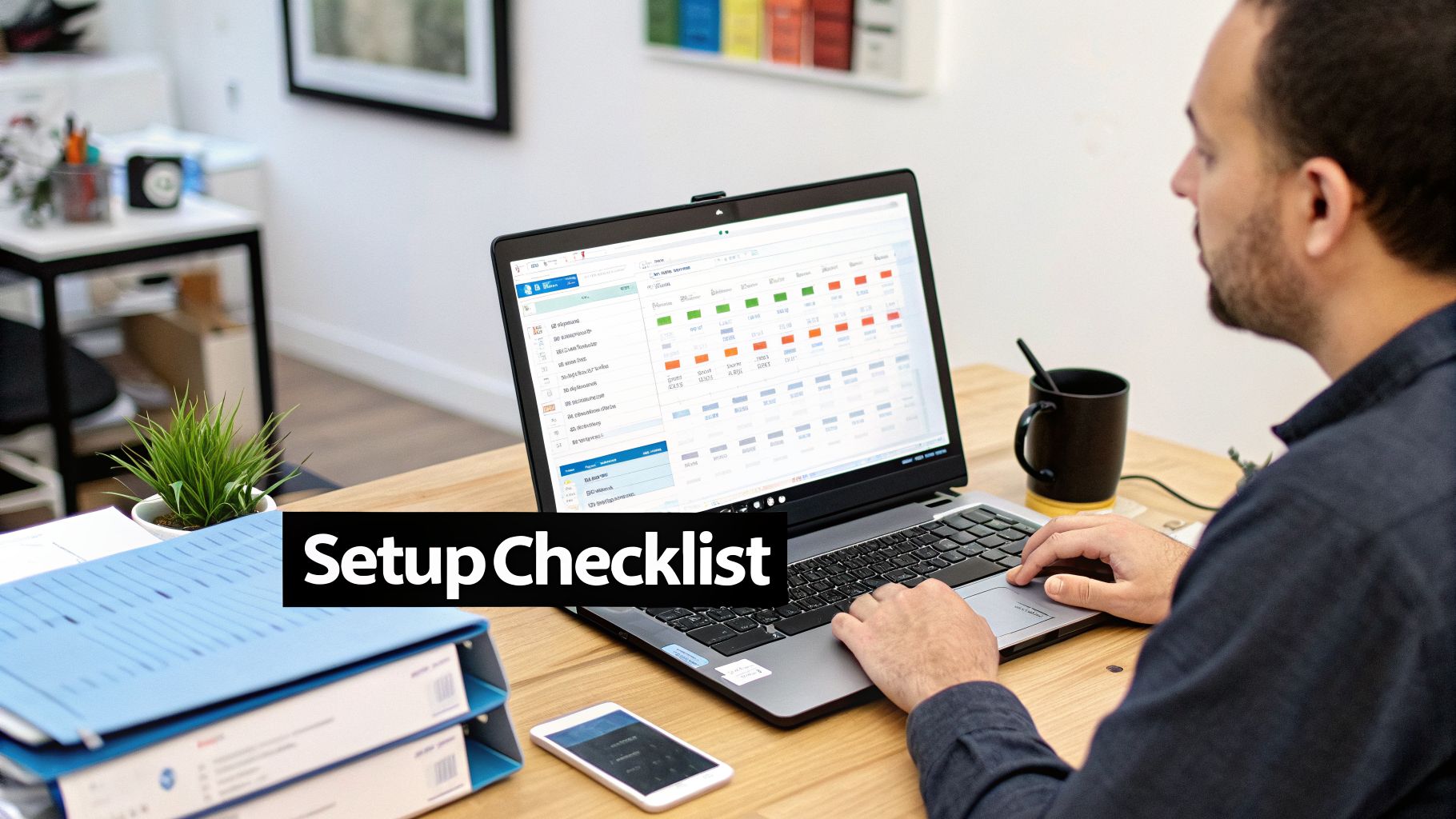 A man works on a laptop at an office desk with folders, a plant, and a phone, displaying a 'Setup Checklist' overlay.
