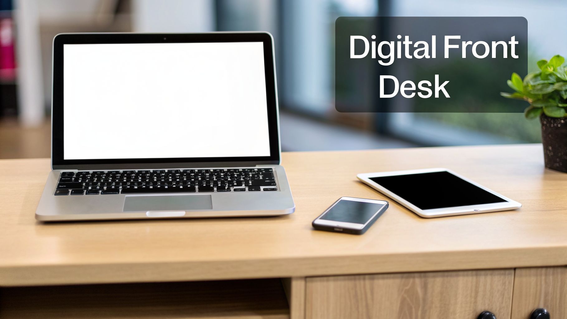 A modern office desk with a laptop, tablet, and smartphone, emphasizing a digital front desk setup.