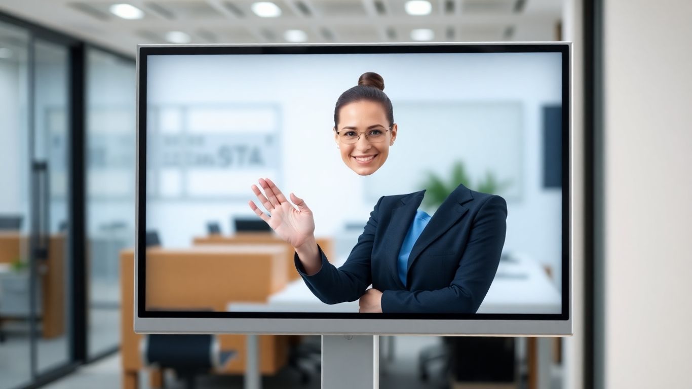 AI receptionist avatar on screen in office