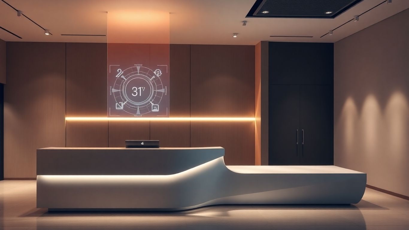 Futuristic office reception with holographic AI interface.