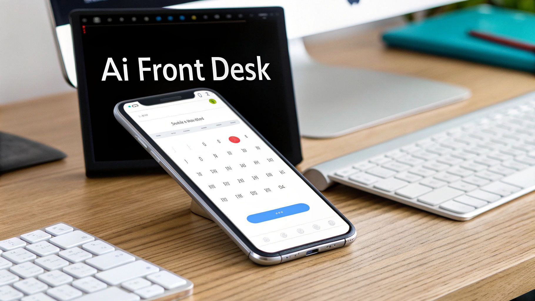 A modern office desk with an 'Ai Front Desk' display, a smartphone, and a keyboard.