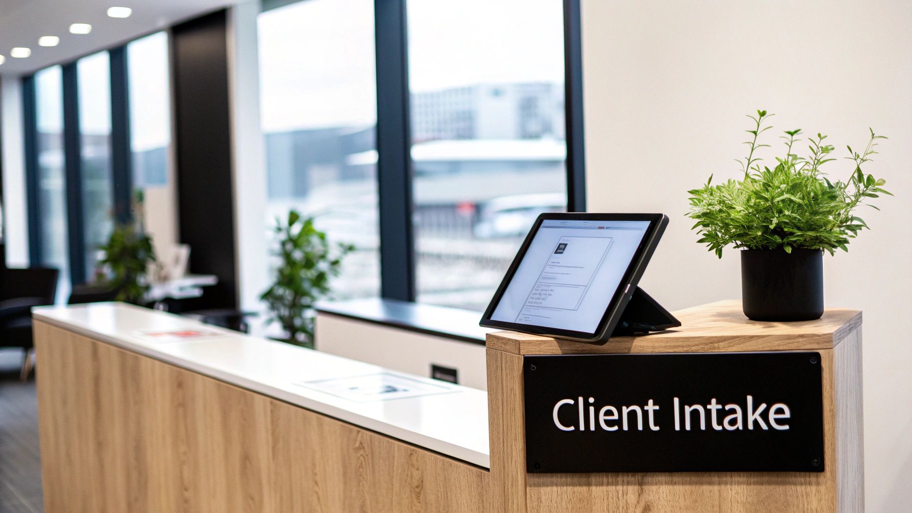 Modern reception desk with a tablet, a potted plant, and a prominent "Client Intake" sign.