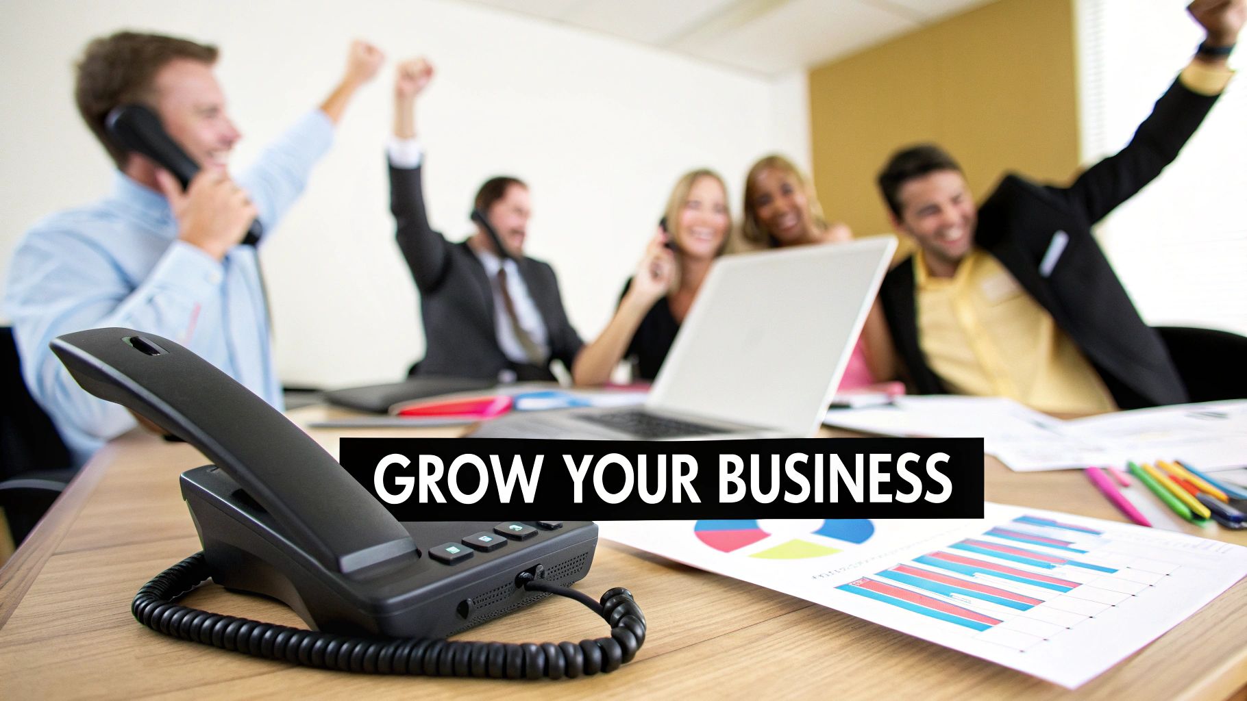 Excited business team celebrating success in an office, with a desk phone, laptop, and charts.