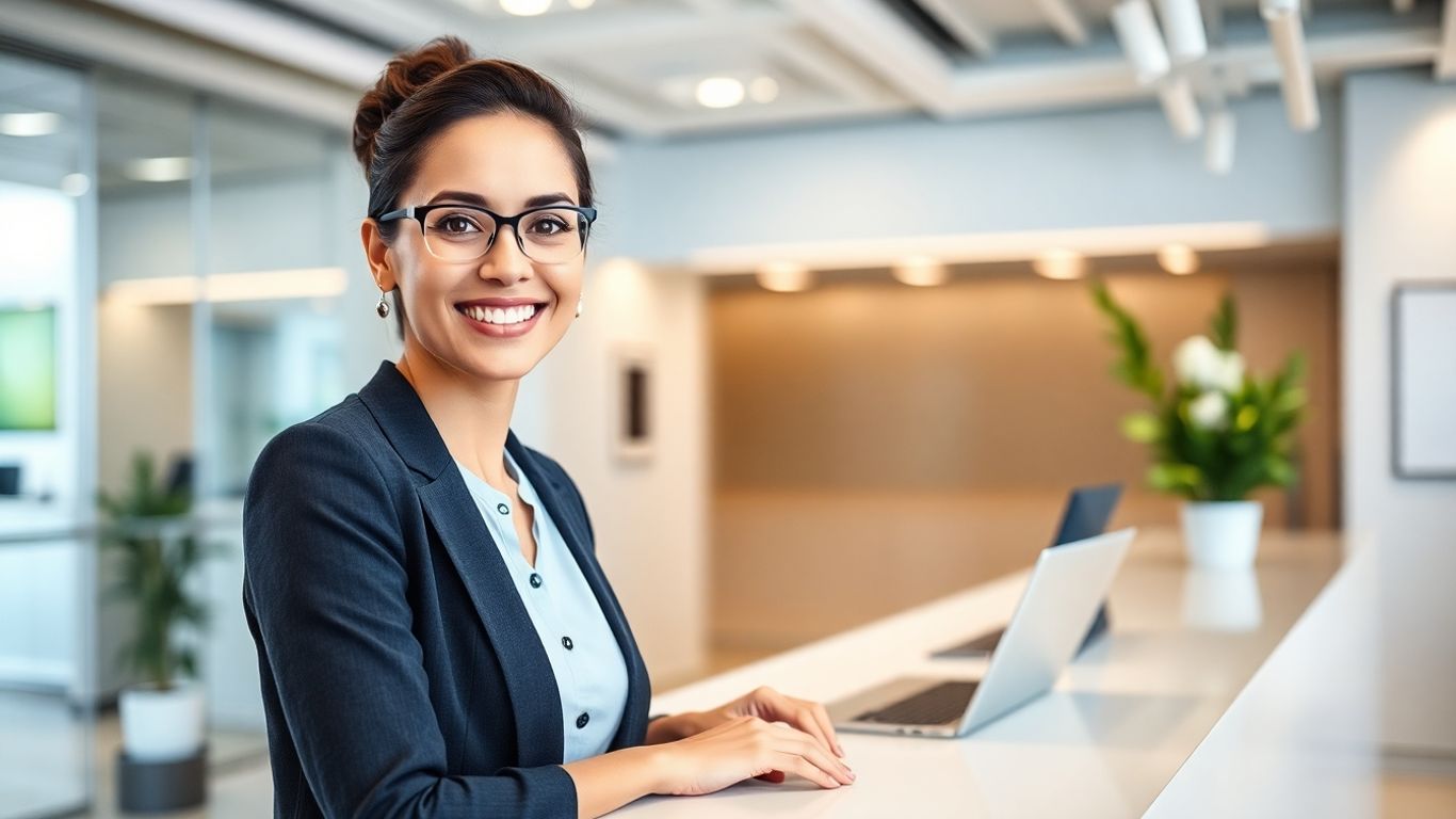 AI receptionist assisting a client with a smile.