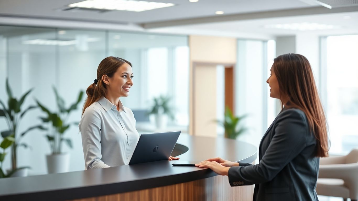 AI receptionist assisting a client in a modern office.