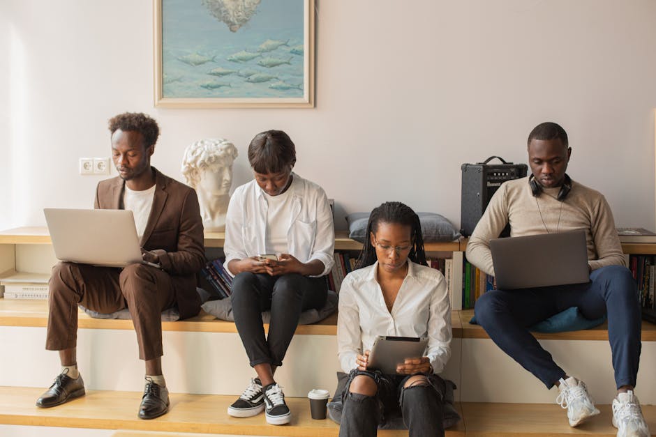 Image of a diverse group of professionals collaborating using smartphones and tablets, surrounded by digital icons representing AI and communication technology.