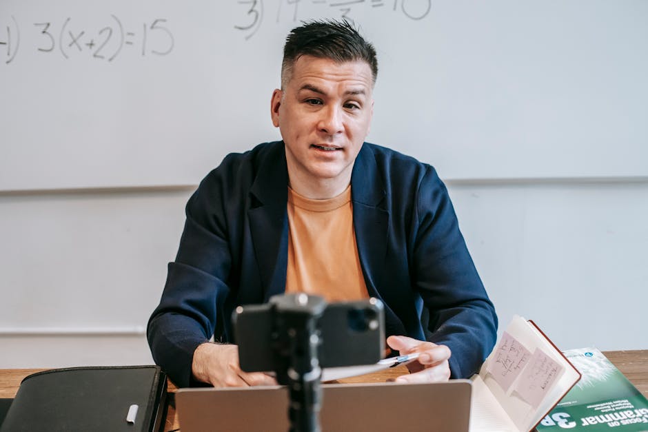 A busy business professional engaging in a video call, surrounded by screens displaying analytics and communication tools