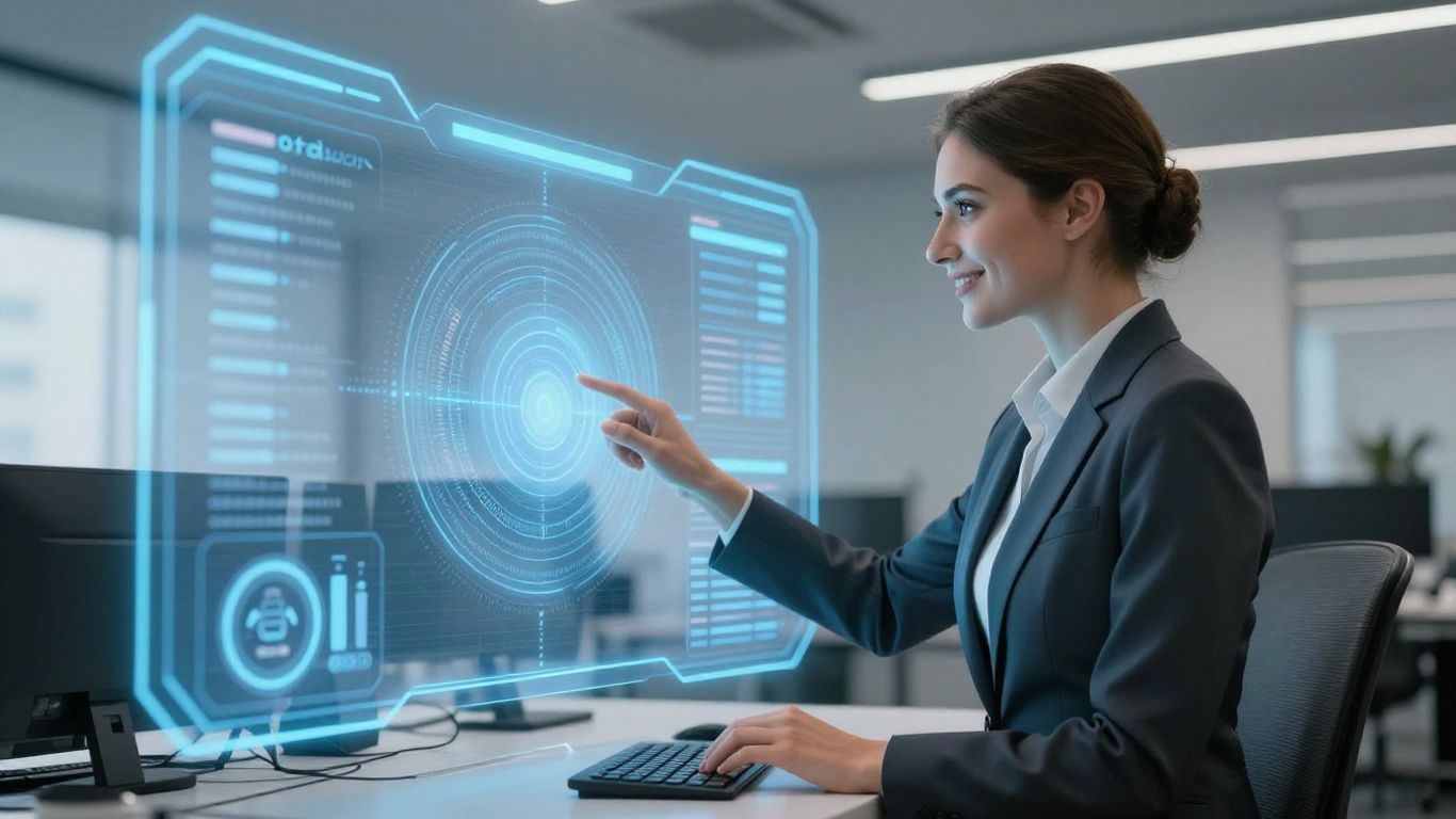 AI sales assistant interacting with a futuristic dashboard.