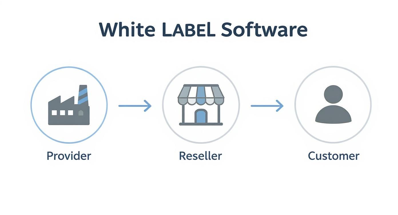 A diagram illustrating the white label software process from provider to reseller to customer.
