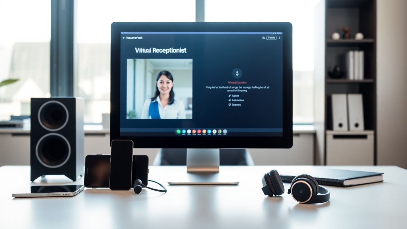 Office desk with modern devices and virtual receptionist interface