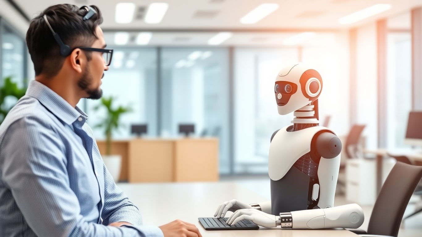 AI virtual receptionist assisting a business professional in an office.