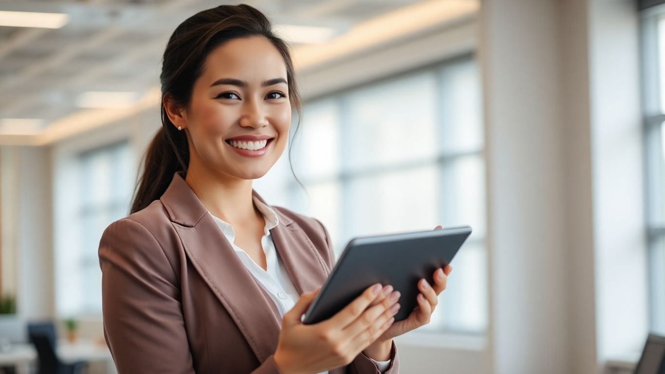 Professional woman using tablet for virtual receptionist duties.