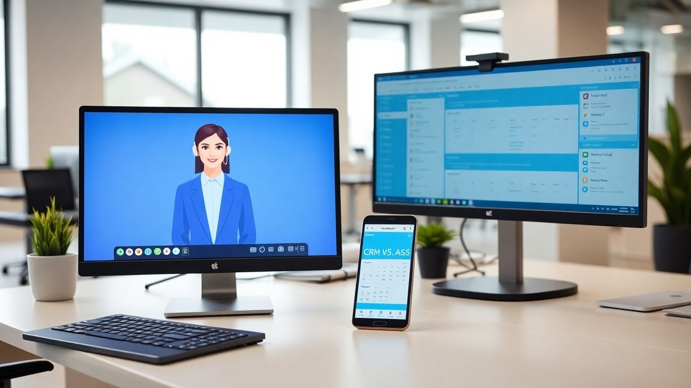 Office desk with virtual assistant and scheduling apps visible
