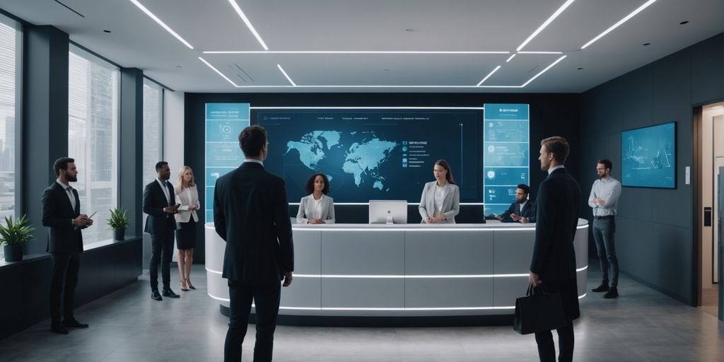 AI receptionist hologram in a modern office lobby