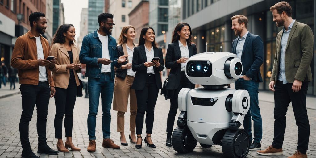 Diverse group with robot in urban setting