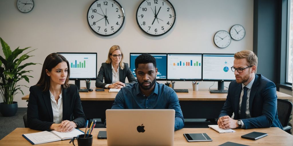 Team collaborating in modern office with clock
