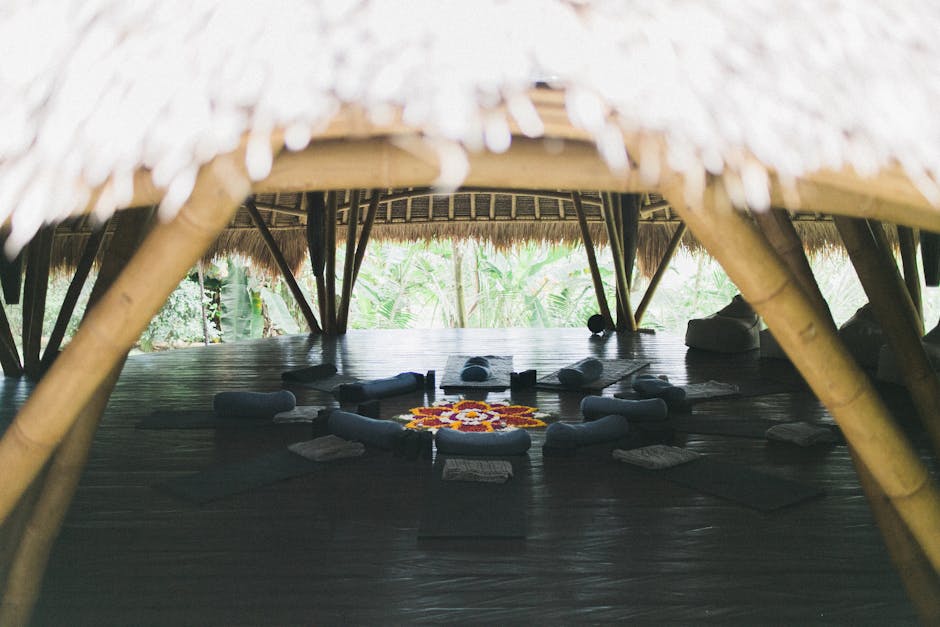 A serene yoga studio with natural light, wooden floors, and calming colors, filled with yoga mats and plants.